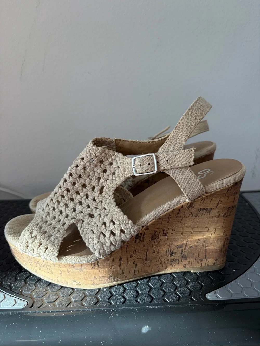 Beige Crochet Slip-On Sandals, Wedges